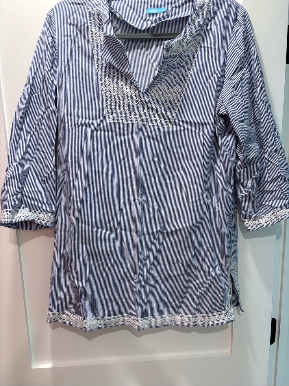 J. McLaughlin Navy & White Striped Crochet-Trim Tunic